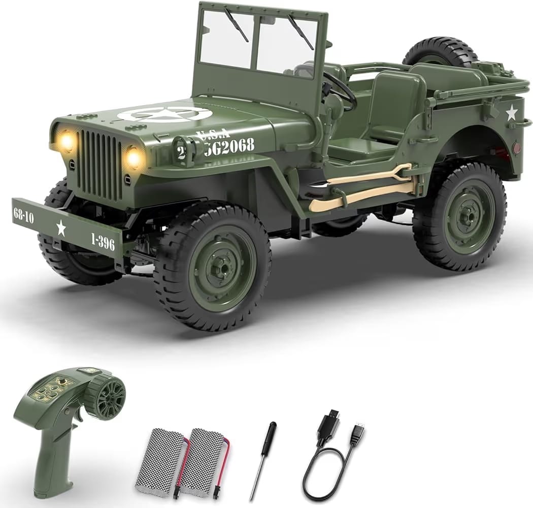 JOYJAY 1/10 Willys MB Jeep RC Car 4WD Off Road Vehicle RTR Multifunctional Jeep Car 2.4GHz Military Truck 4x4 RC Crawler with Car Light Two Batteries for Kids Gift